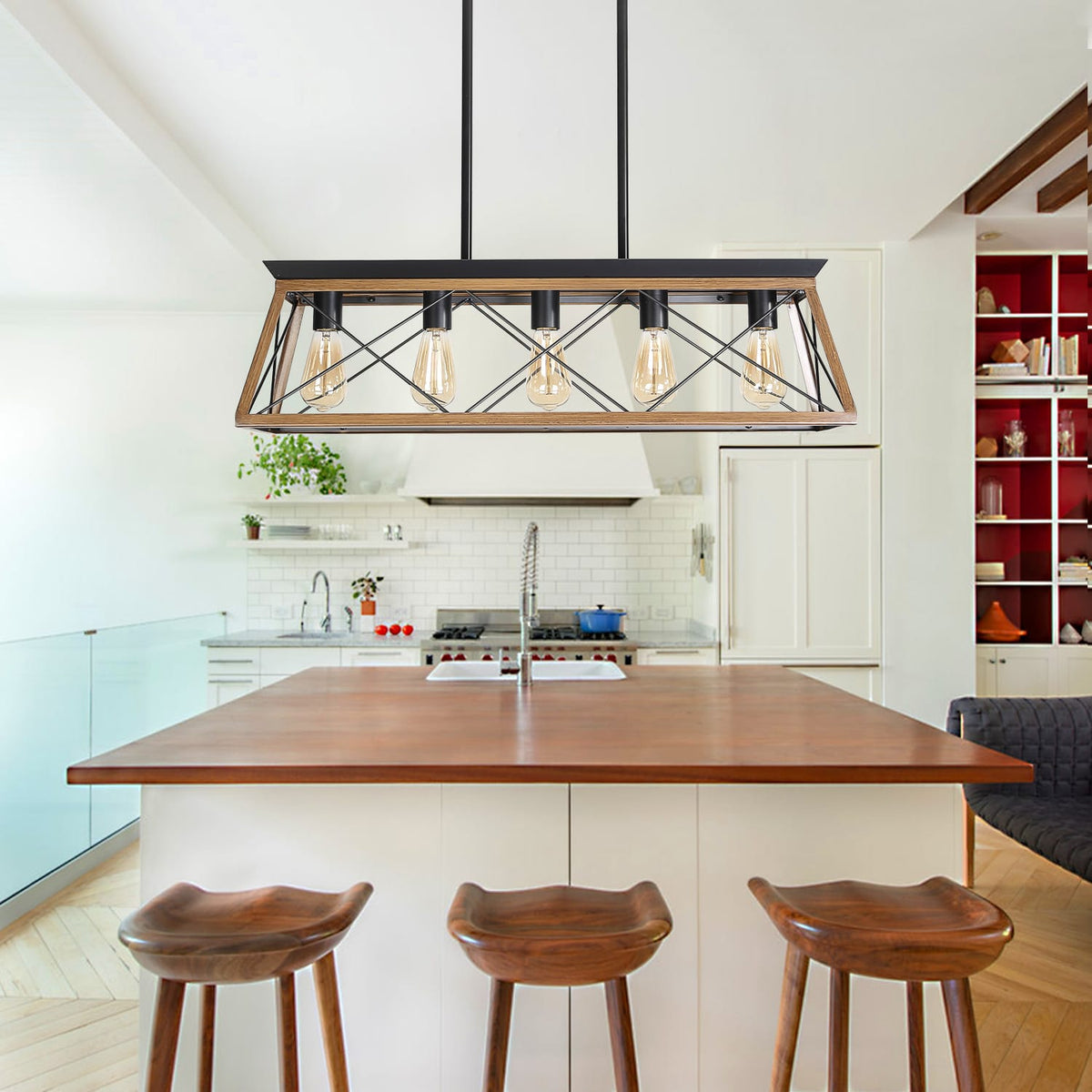 32" Walnut Industrial Pendant Chandelier - Modern Metal Cage Lighting