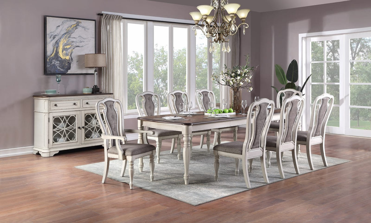 Transitional 9pc Dining Set - Dining Table w Oak Top & 6 Side Chairs, Antique White