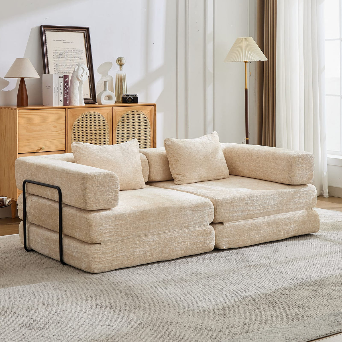 Beige Chenille Convertible Sofa Bed with Memory Foam for Guest Room for Living Room