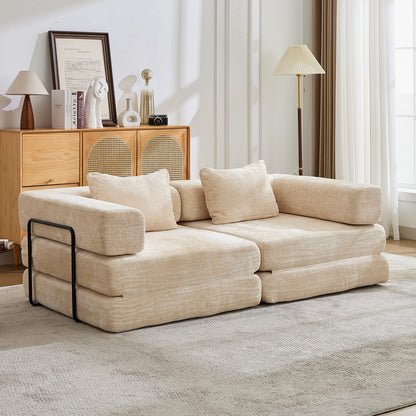 Beige Chenille Convertible Sofa Bed with Memory Foam for Guest Room for Living Room