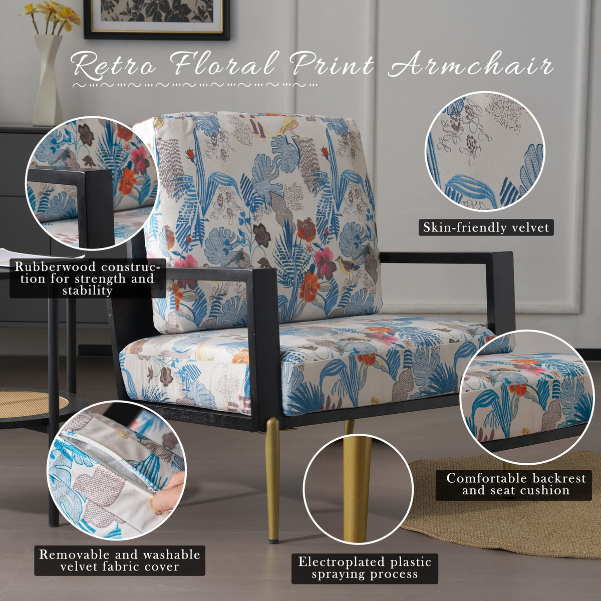 Antique Blue Velvet Accent Chair - Reading Chair for Living Room Bedroom
