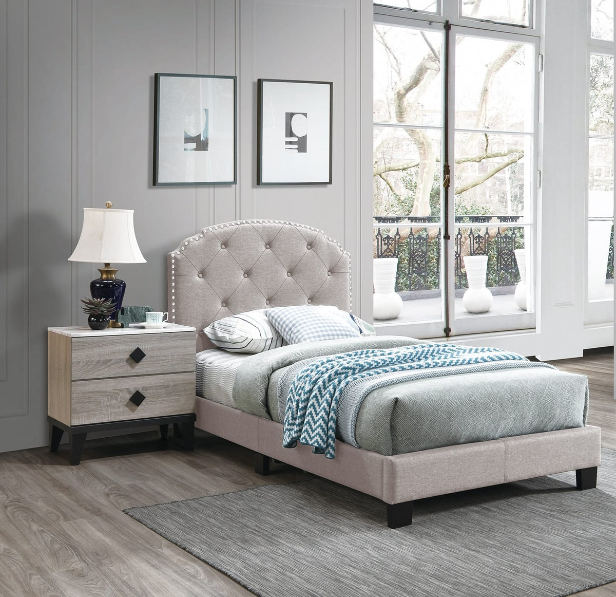 Twin Size Burlap Button Tufted Bed Frame Light Brown