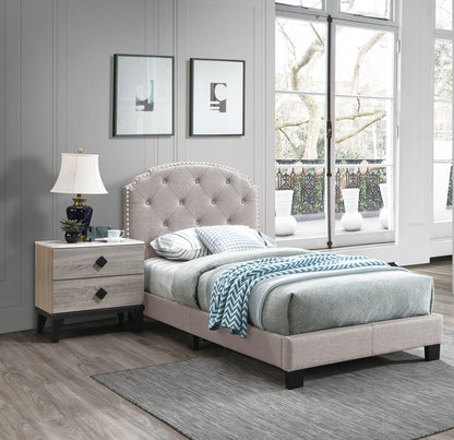 Twin Size Burlap Button Tufted Bed Frame Light Brown
