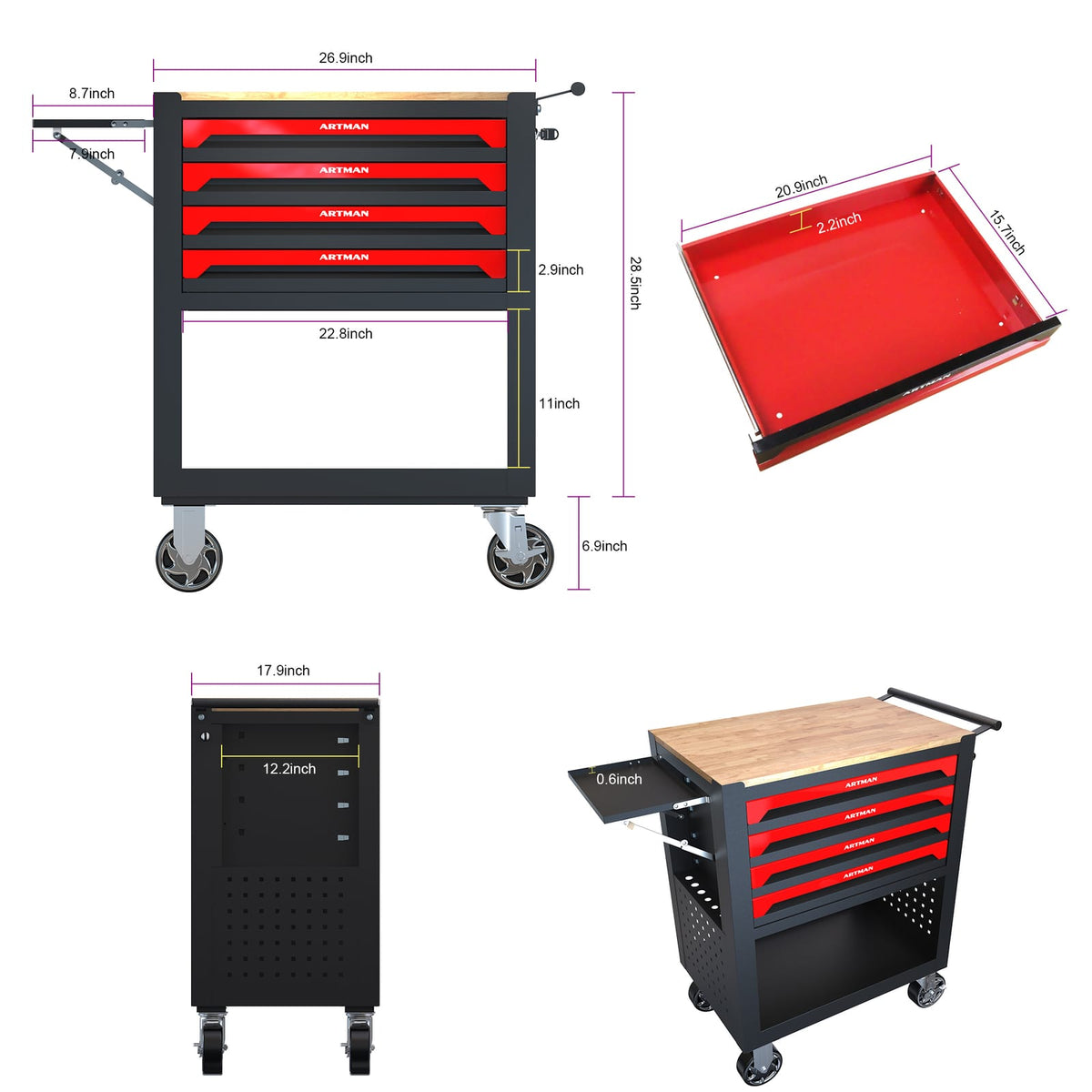 Black Red Metal Tool Cart 4 Drawers with Wheels for Home Office