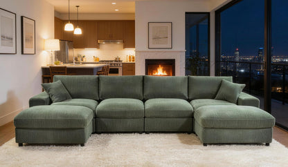 Dark Green Corduroy Sectional - 6 Seat with Ottomans for Living Room