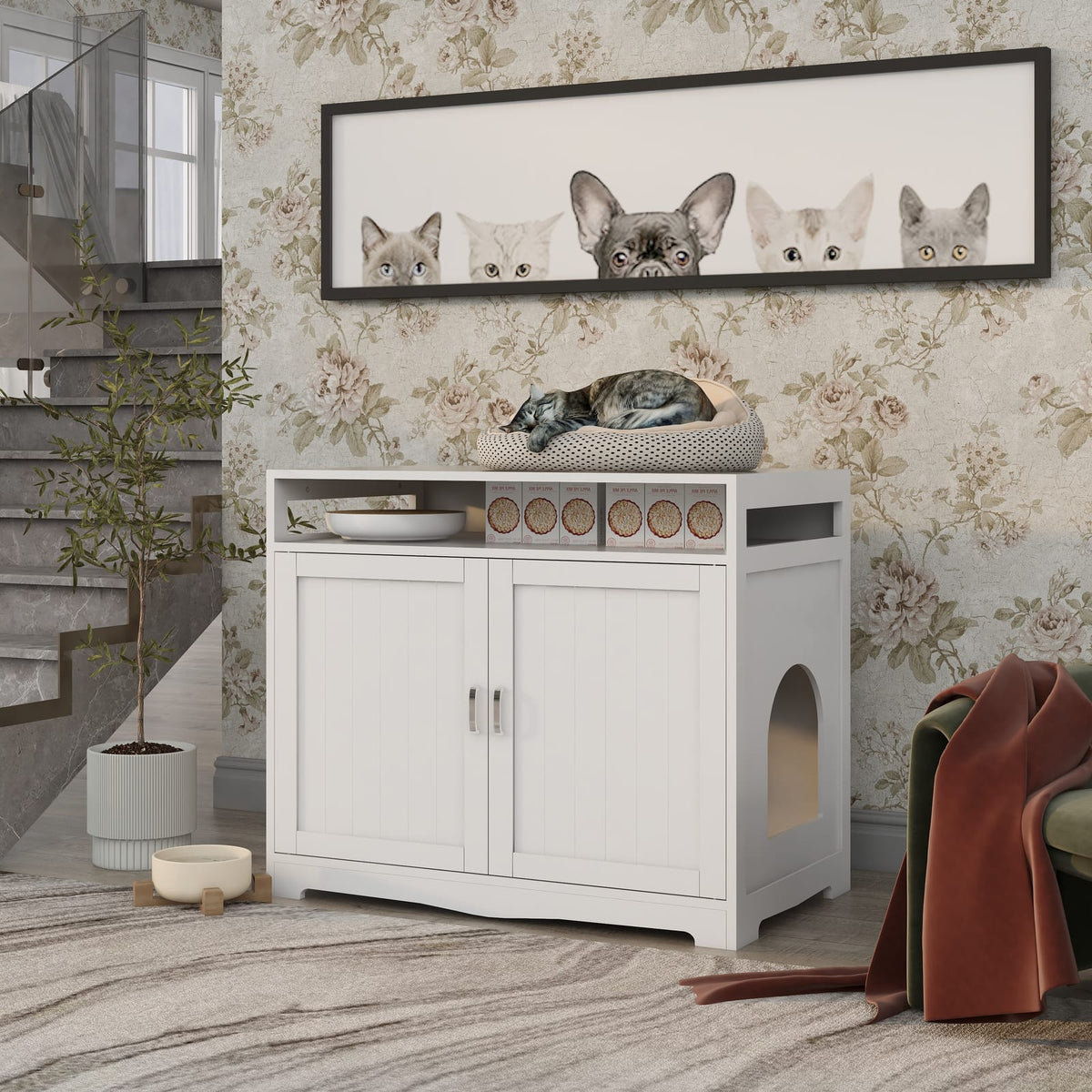 Large White Cat House Litter Box Furniture - 31.5" Storage Bench