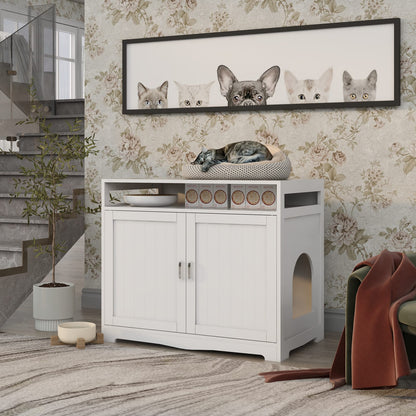 Large White Cat House Litter Box Furniture - 31.5" Storage Bench