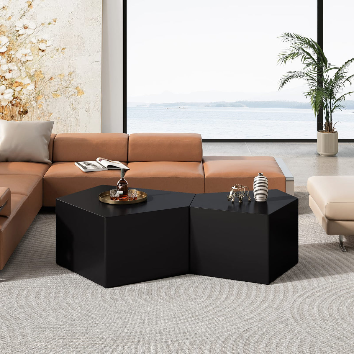 Irregular Pentagon Nesting Coffee Table Set, Black (Set of 2) for Living Room