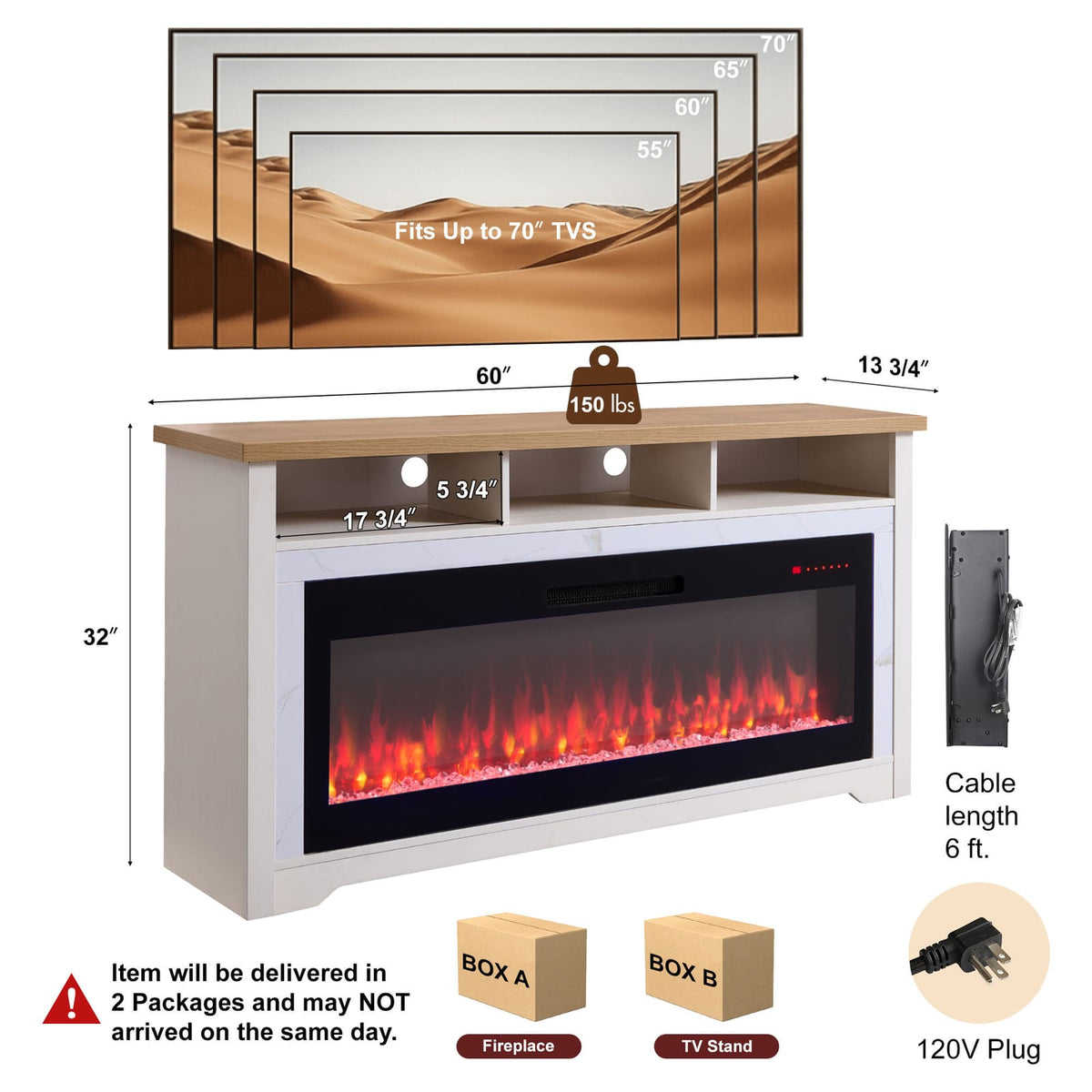 60" Electric Fireplace TV Stand - Cream White