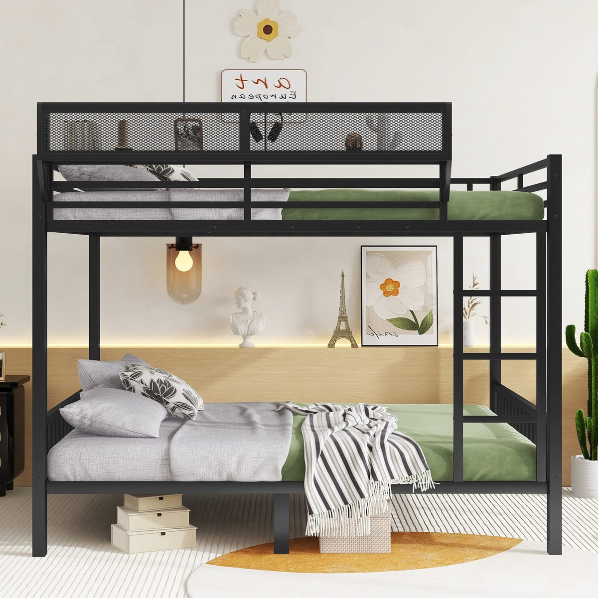 Queen Over Queen Metal Bunk Bed - Black Frame for Bedroom