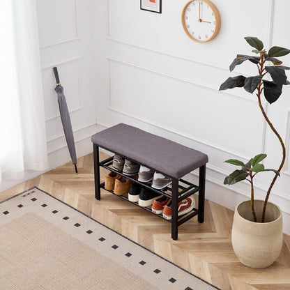 Grey Fabric Metal Shoe Storage Bench - Entryway Seat for Living Room