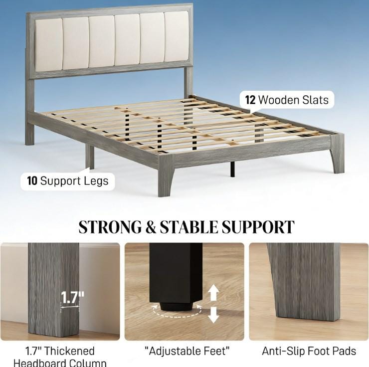 Queen Bed Frame Beige Gray Linen Look Headboard