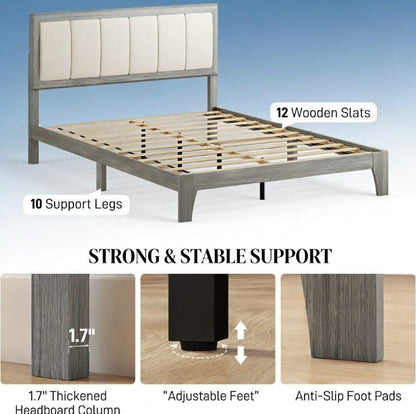 Queen Bed Frame Beige Gray Linen Look Headboard