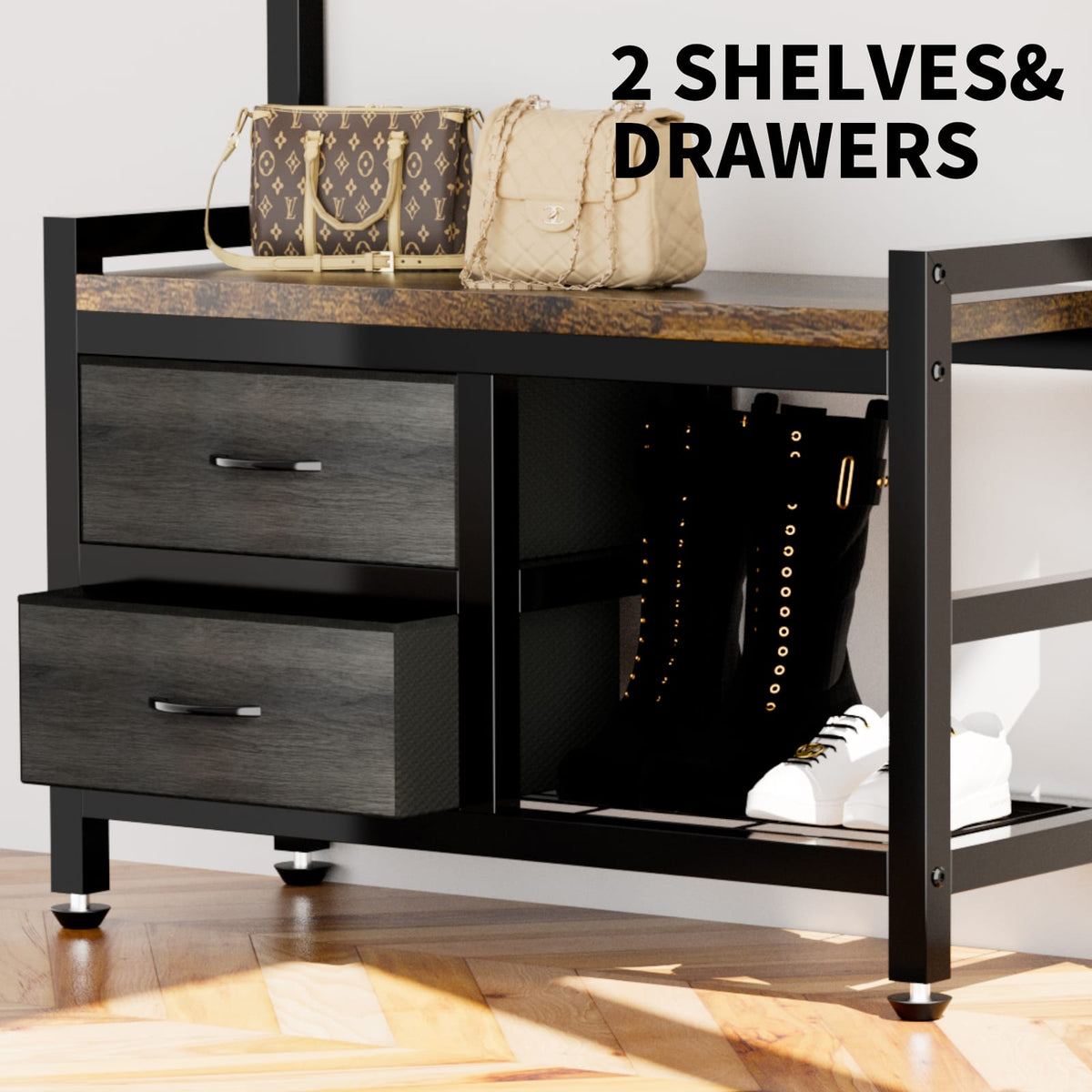 Rustic Brown Hall Tree Bench - 5-in-1 Entryway Storage