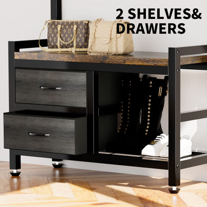 Rustic Brown Hall Tree Bench - 5-in-1 Entryway Storage