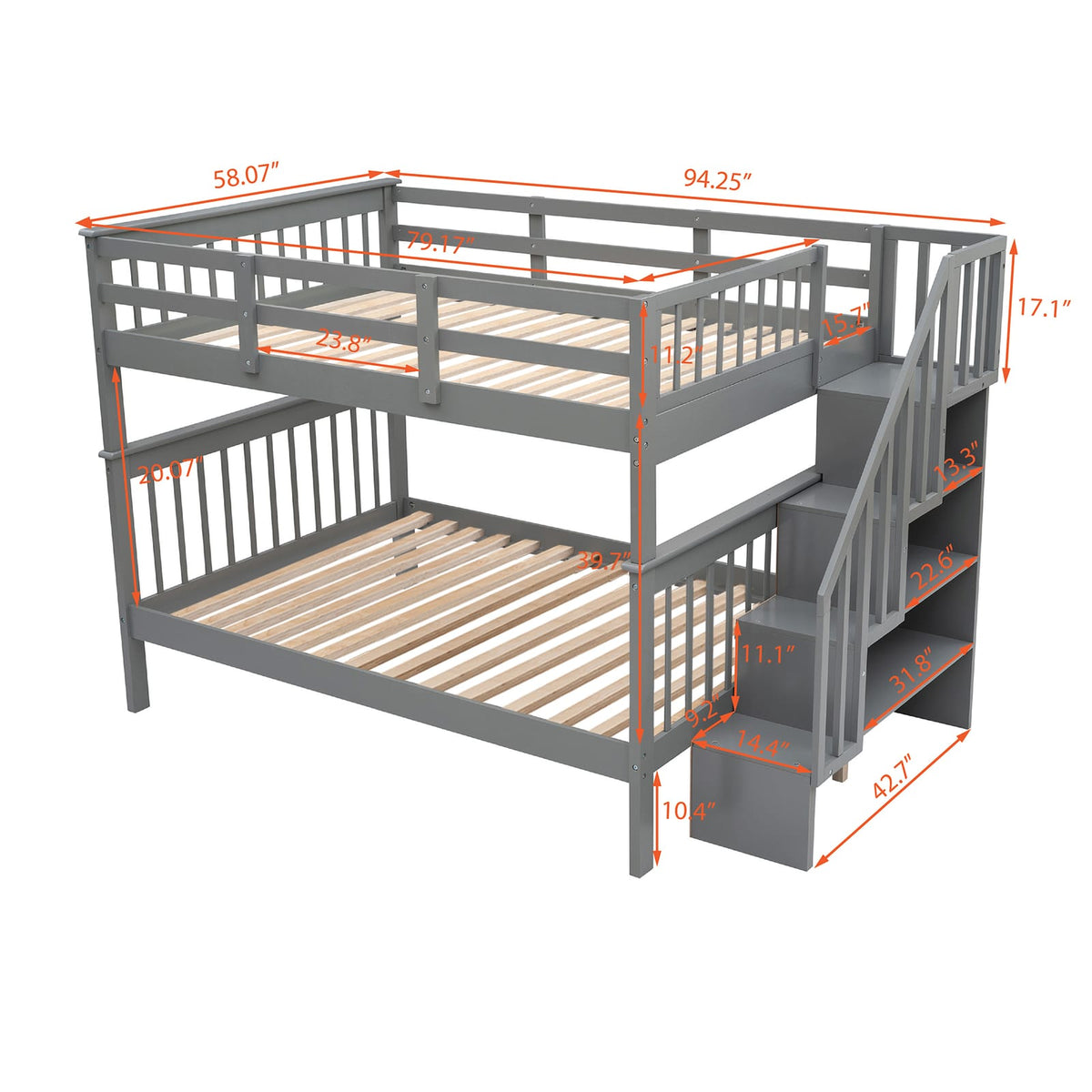 Gray Solid Wood Bunk Bed - Full Over Full with Stairs for Bedroom