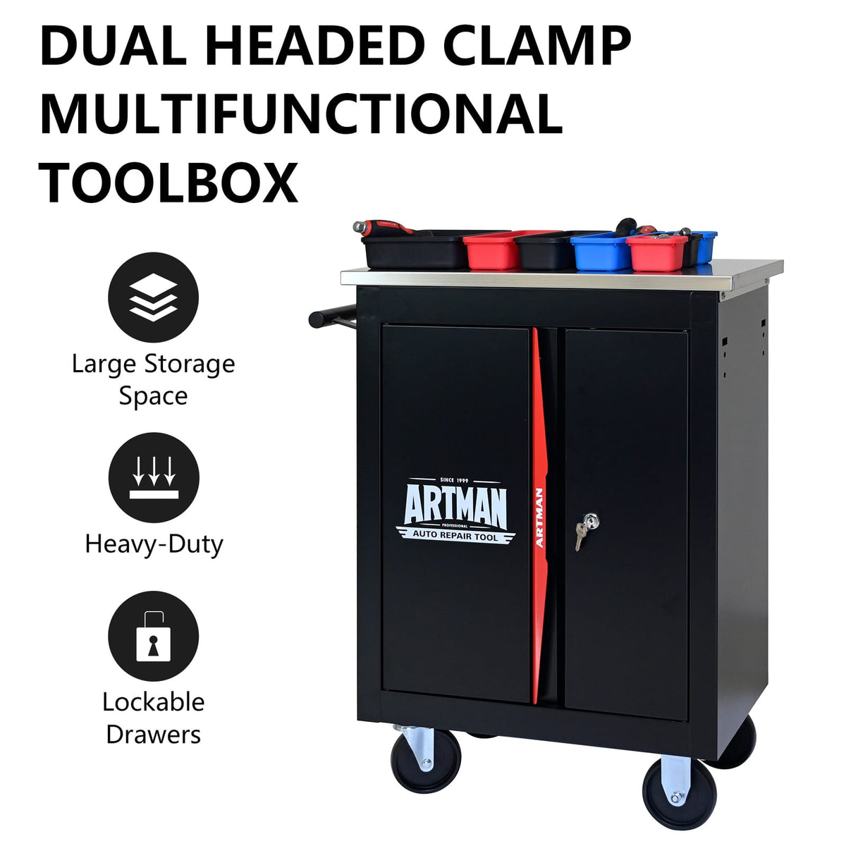 Black Red Steel Tool Cabinet Trolley - 4 Wheel Assembly Cart