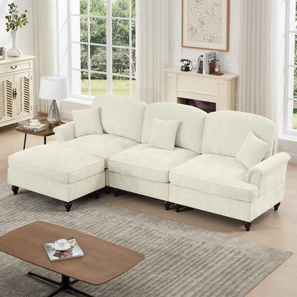 3 Seat Beige White Chenille Sectional Sofa with Removable Ruffles for Living Room