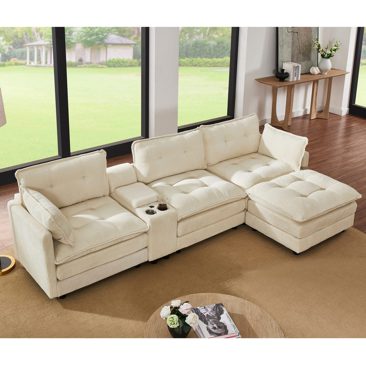119" L-Shaped Corduroy Sectional Sofa with Ottoman & Console, Beige