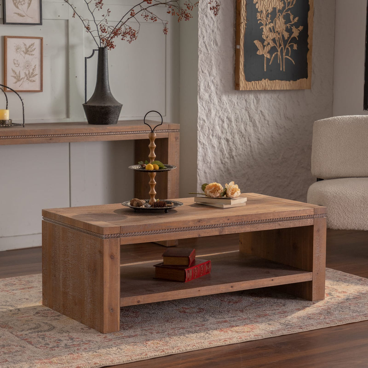 Rustic Farmhouse Wood Coffee Table with Open Storage Shelf for Living Room