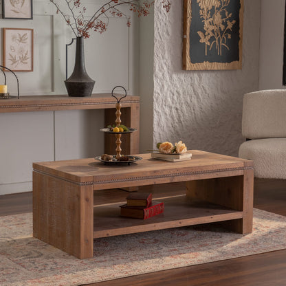 Rustic Farmhouse Wood Coffee Table with Open Storage Shelf for Living Room