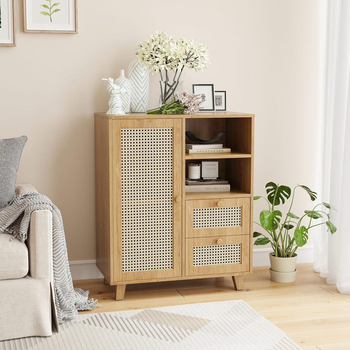 Natural Engineered Wood Buffet Cabinet - 15"W x 27.5"D x 33.8"H