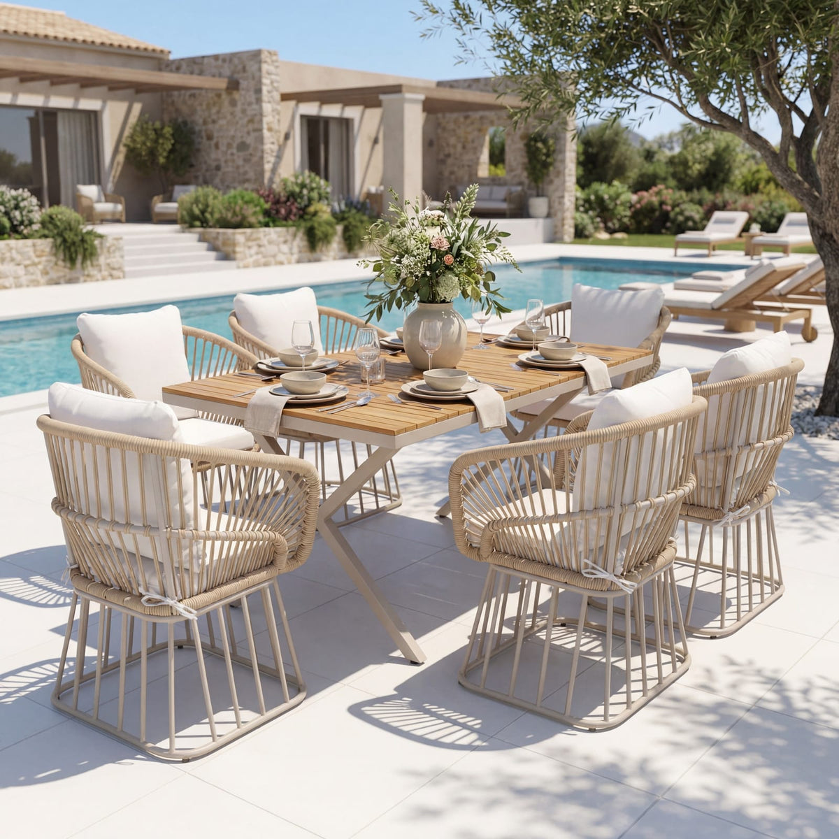 Outdoor 7-Piece Dining Set - Teak Wood Table & Beige Steel Chairs, Patio Furniture