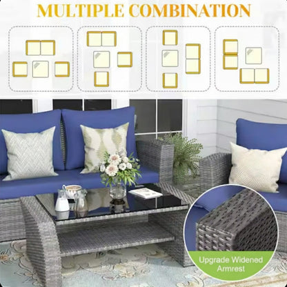 Blue Brown PE Rattan Patio Set with Glass Table for Poolside for Outdoor