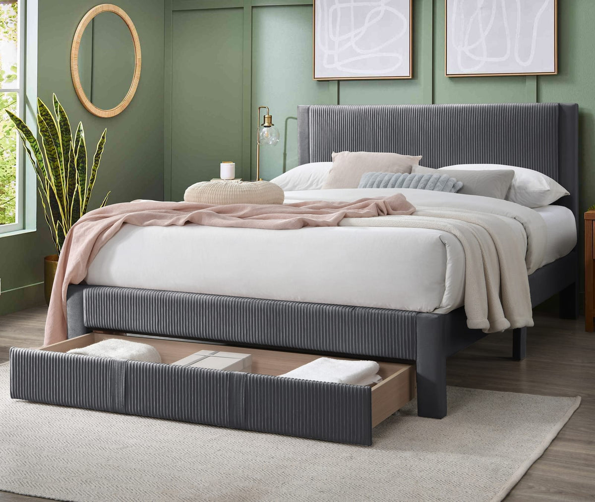 Queen Corduroy Bed Frame Charcoal Wood Platform Bed for Bedroom