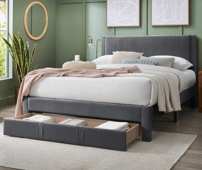 Queen Corduroy Bed Frame Charcoal Wood Platform Bed for Bedroom