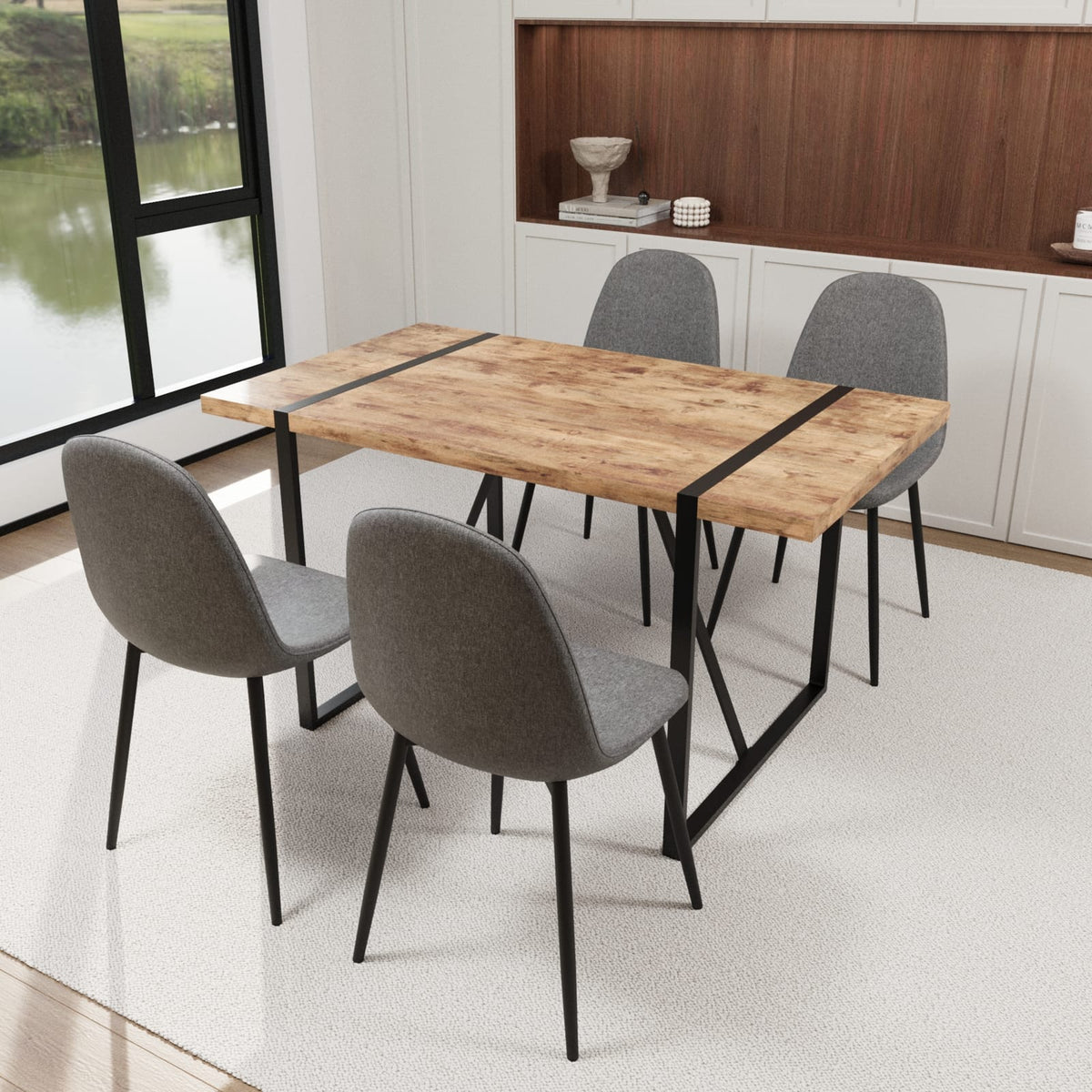 Modern Industrial Dining Table and Chair Set in Grey Brown MDF