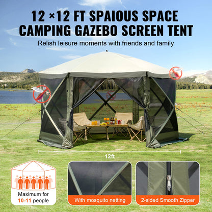 12x12FT Green Oxford Fabric Gazebo Screen Tent for Garden Shade