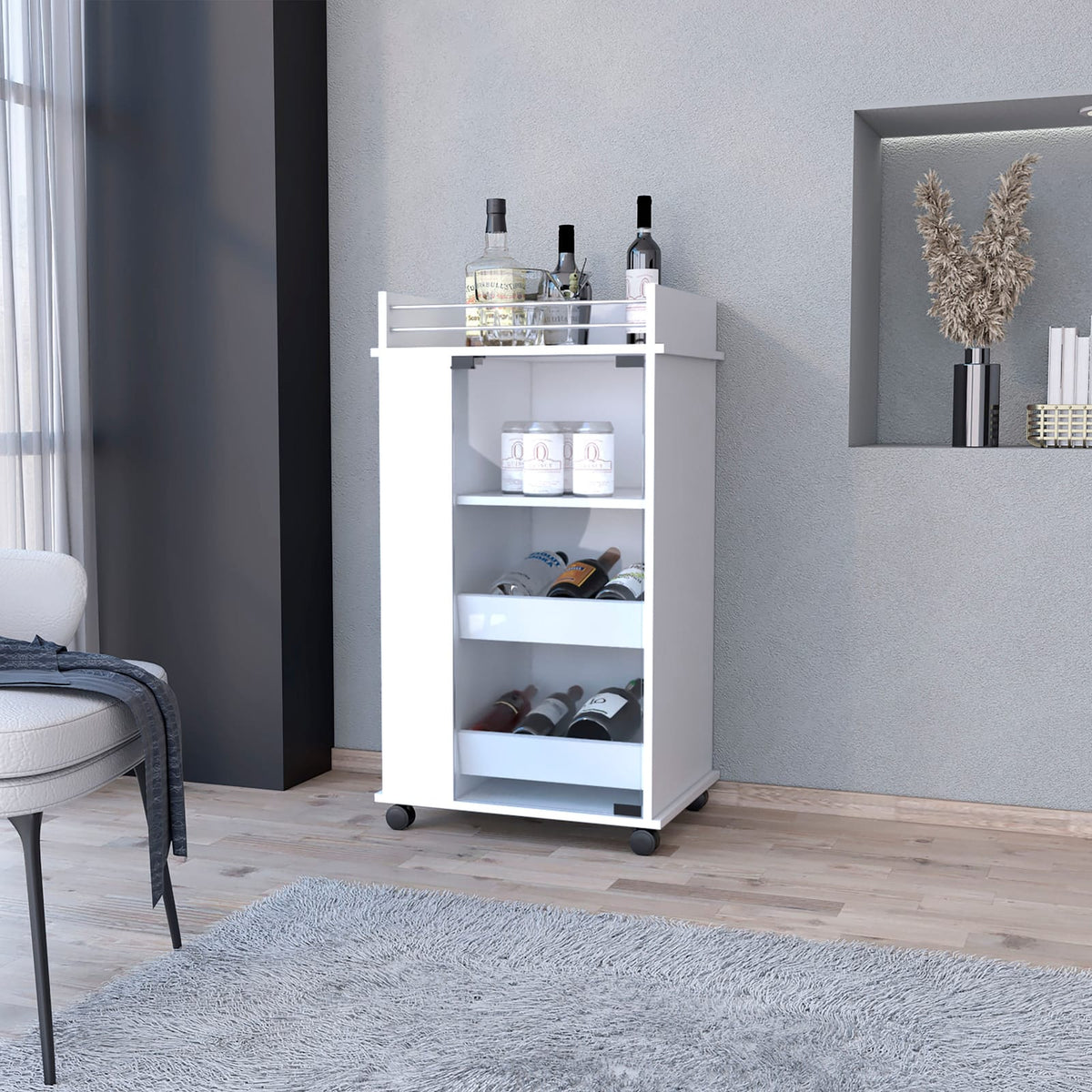 White Engineered Wood Bar Cart - 2 Bottle Holder