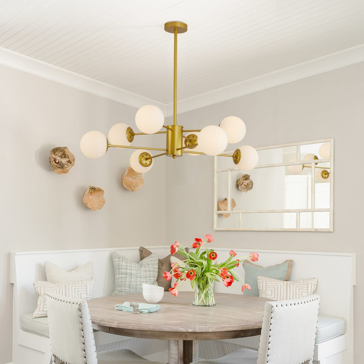 35" Modern Gold Chandelier with White Glass Shades - Dining Room Lighting