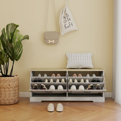 Antique White Shoe Storage Bench - 2 Drawers, Adjustable Shelf for Living Room