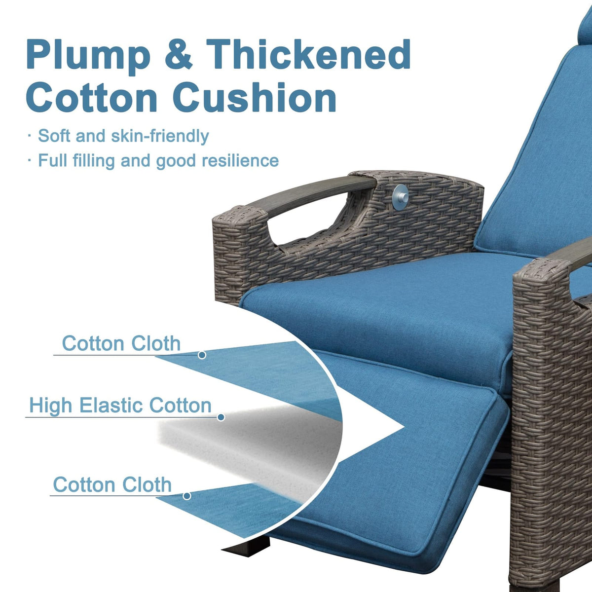 Blue Rattan Patio Recliner - Outdoor Lounge Chair