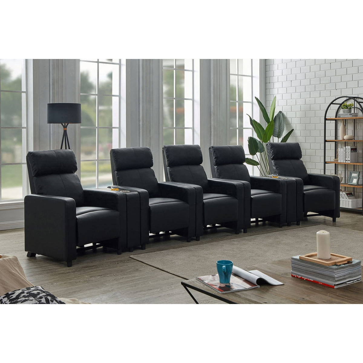 Warren Black Upholstered 5-seater Home Theater with 2 Wedge Consoles