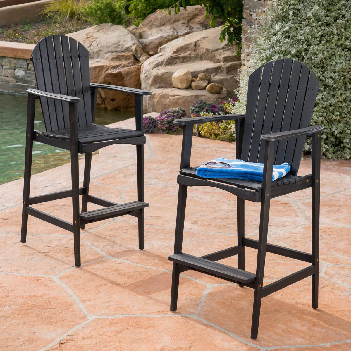 Dark Gray Acacia Wood Adirondack Barstools for Your Garden or Porch