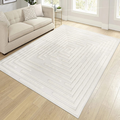 Cream Polypropylene Area Rug - 5x8 Modern Geometric Design
