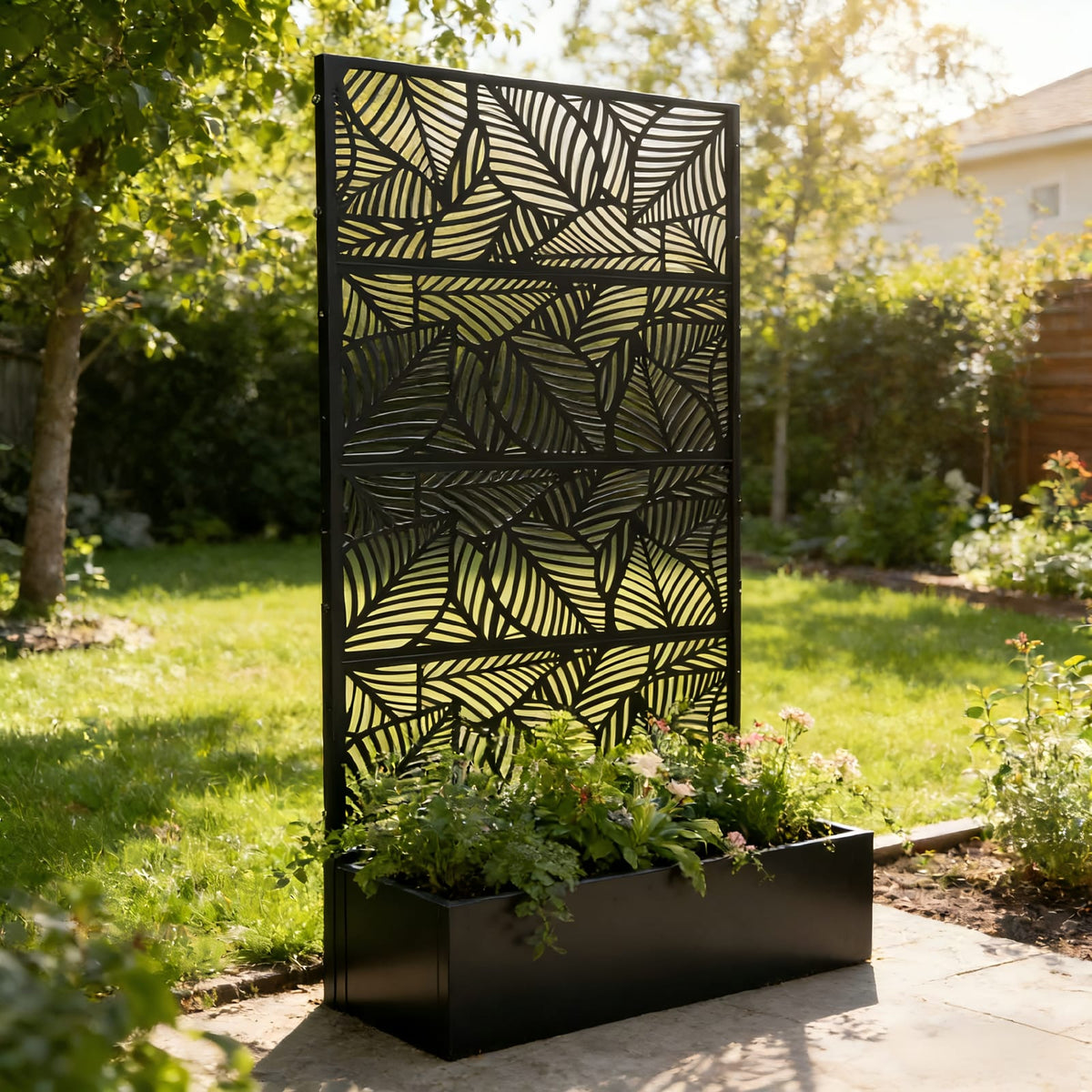 70.87" H Leaf Pattern Privacy Screen with Planter Box - Black Iron
