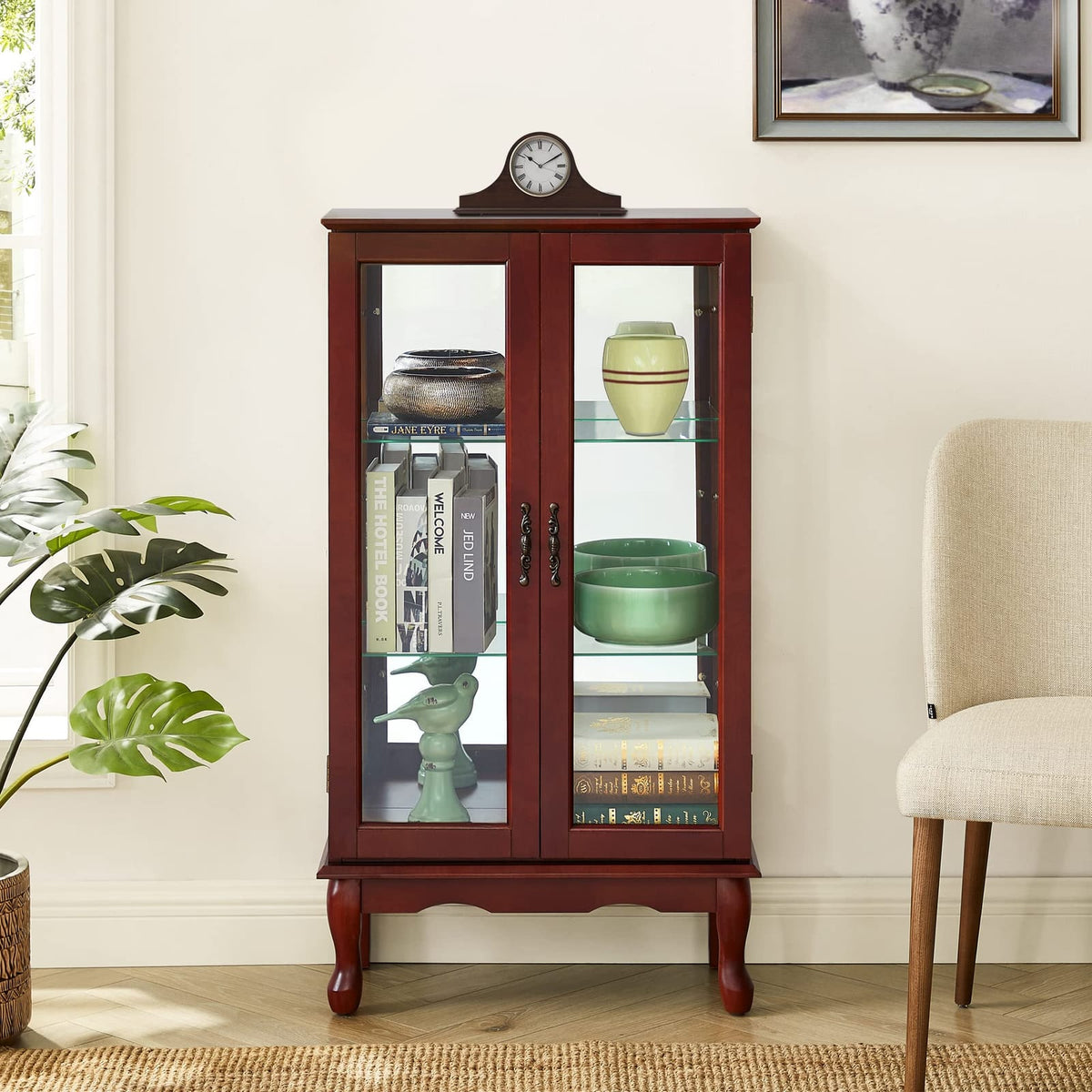 Cherry Mirrored Curio Cabinet - Adjustable Shelves & Lighting for Living Room