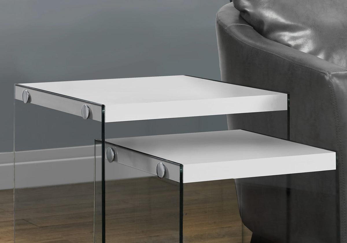White Nesting Tables Set of 2 - MDF & Glass for Living Room