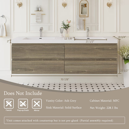 72" Floating Bathroom Vanity with Sink - Grey Ash