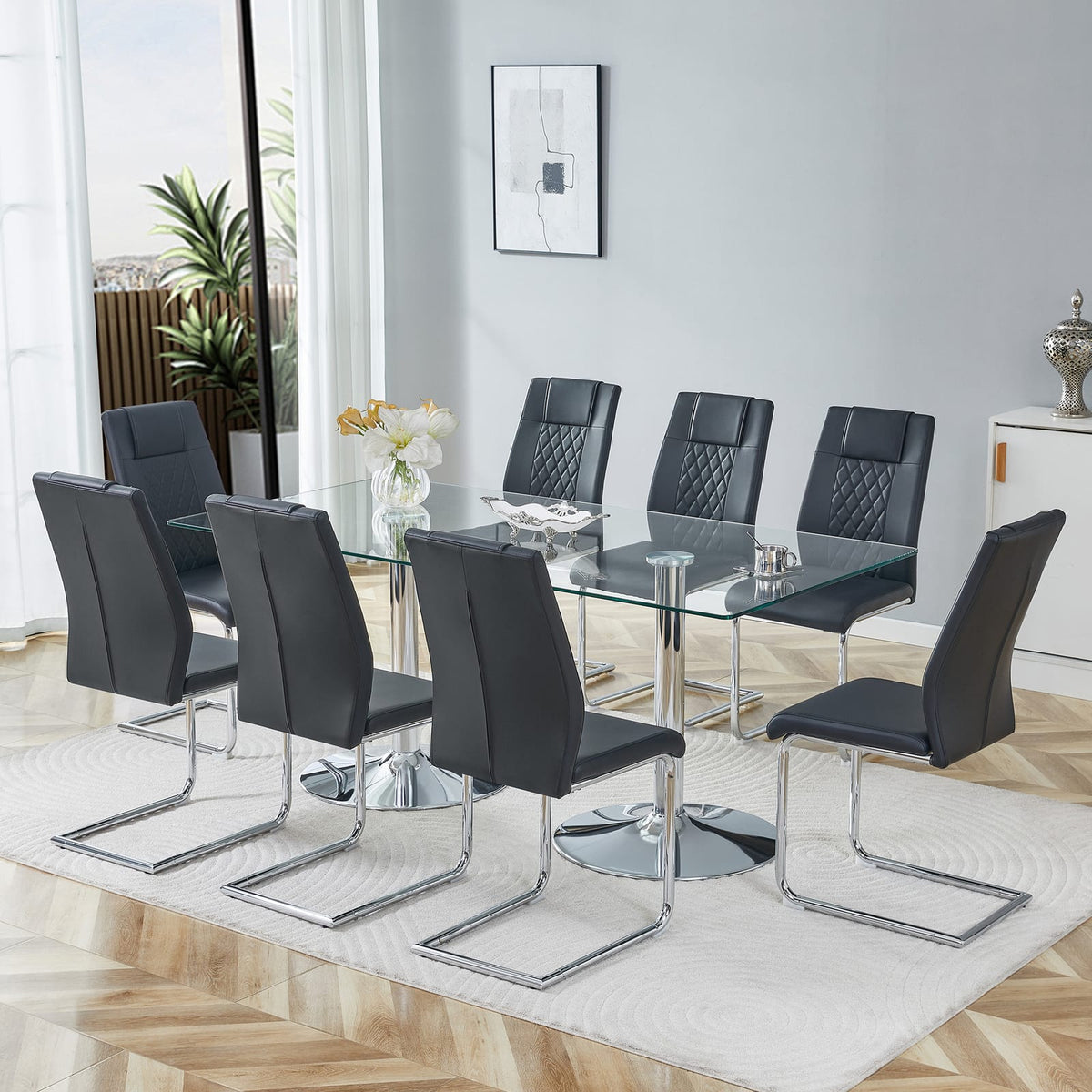 8 Seater Glass Dining Table Set with Modern PU Leather Chairs