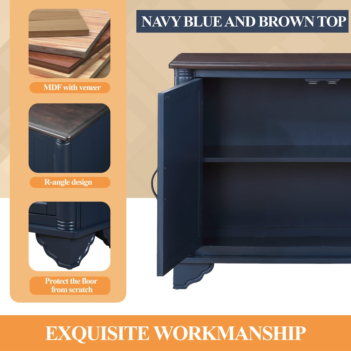 40" Navy Blue Pine Console Table with Storage Shelves for Living Room