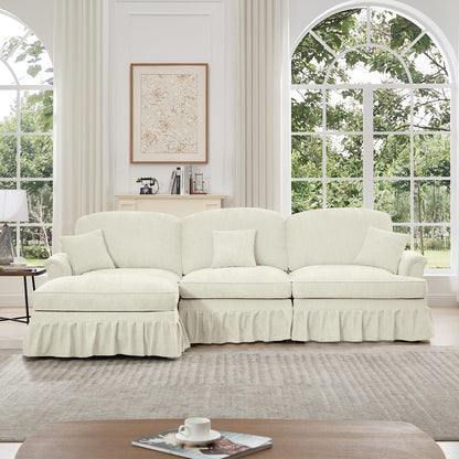 3 Seat Beige White Chenille Sectional Sofa with Removable Ruffles for Living Room