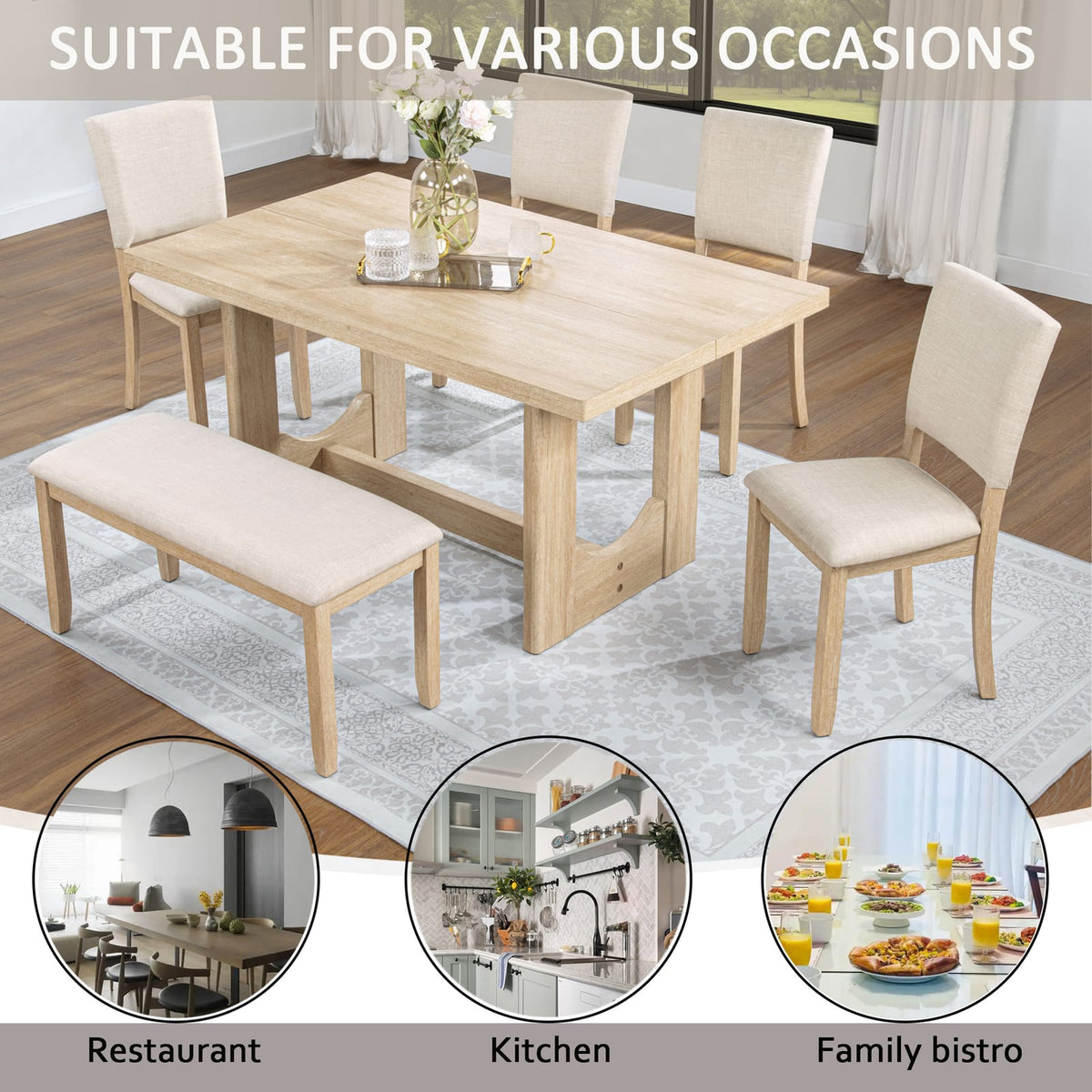 Light Oak Dining Table Set - 6 Seats with Bench