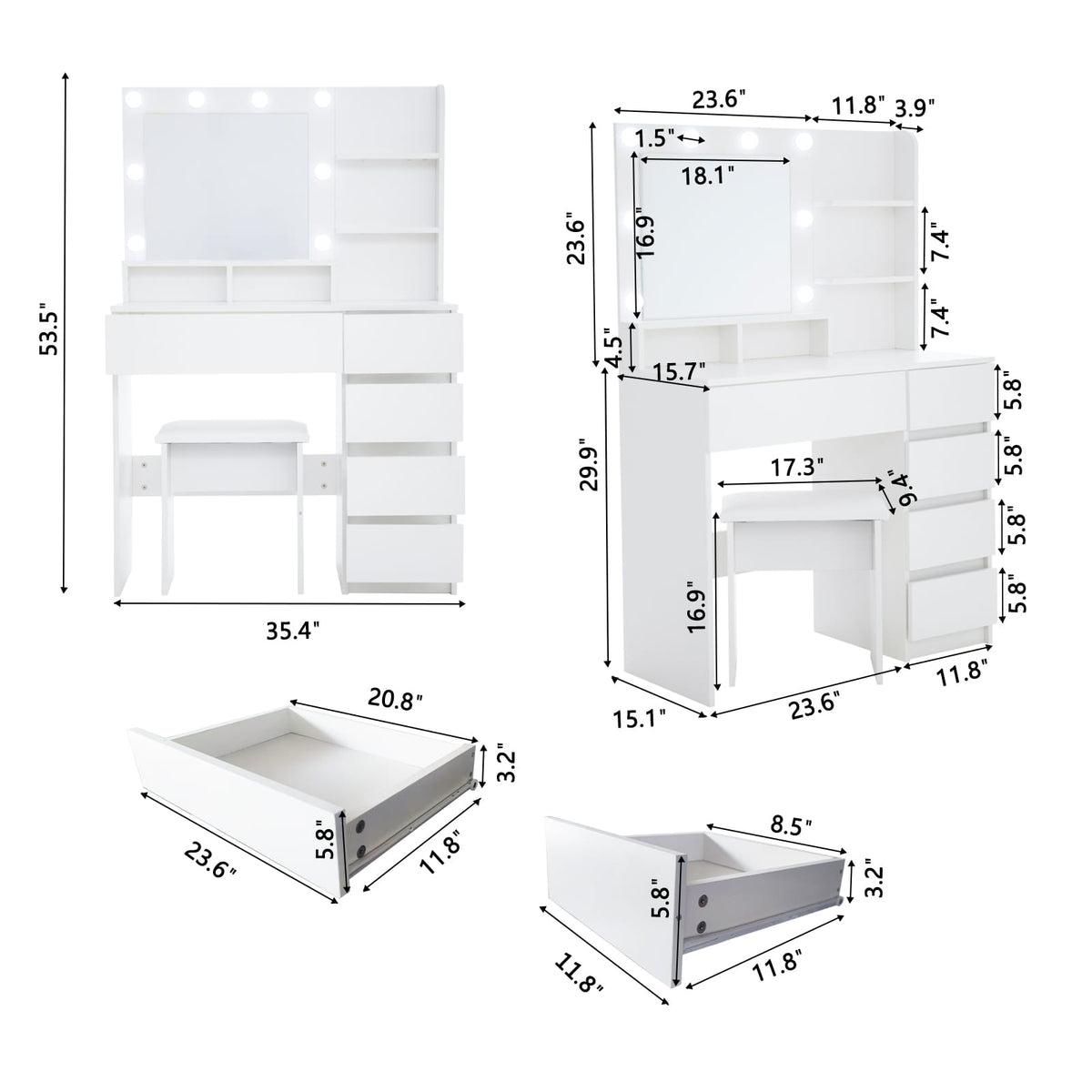 White Makeup Vanity Desk Set with Mirror & Lights - 4 Drawers