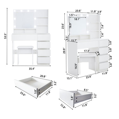 White Makeup Vanity Desk Set with Mirror & Lights - 4 Drawers