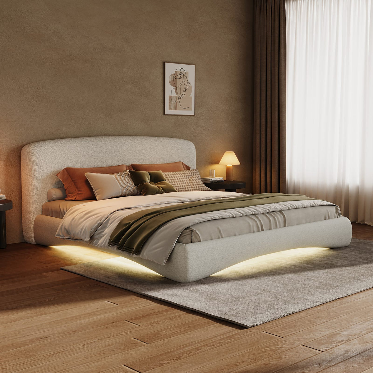Cream King Upholstered Bed with Smart Lighting - Curved Design